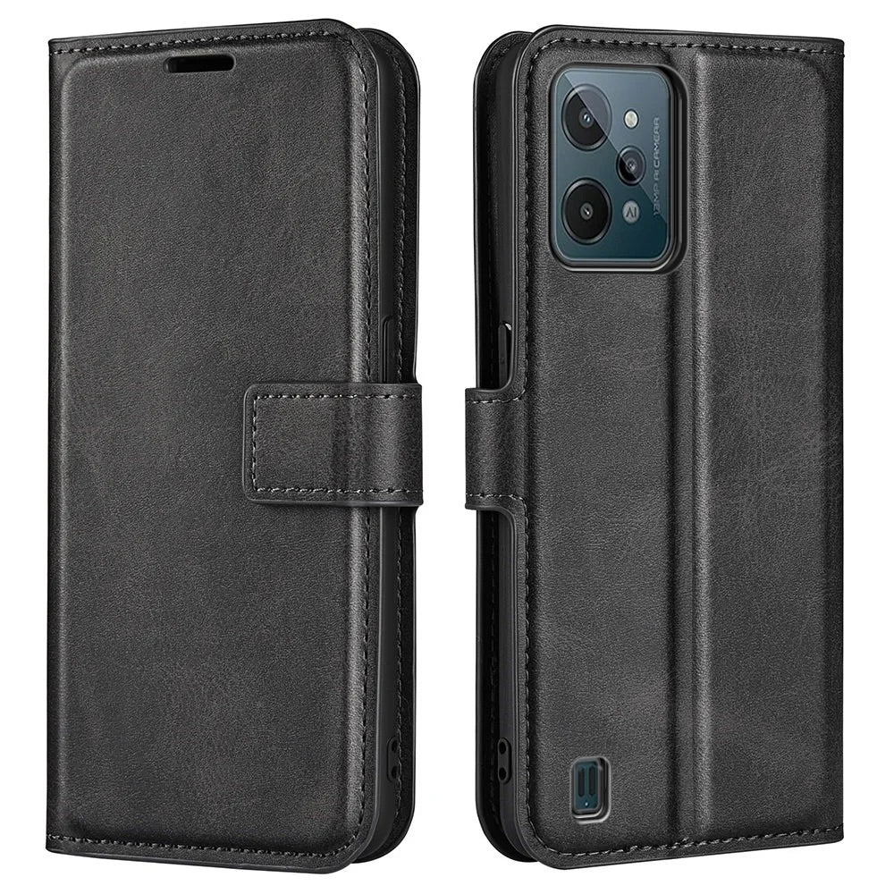 Textured PU Leather Stand Phone Case for Realme C31 4G, Square Magnetic Clasp Wallet Shell - Black - 1
