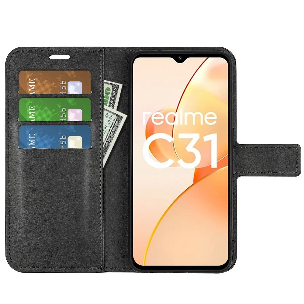 Textured PU Leather Stand Phone Case for Realme C31 4G, Square Magnetic Clasp Wallet Shell - Black - 2