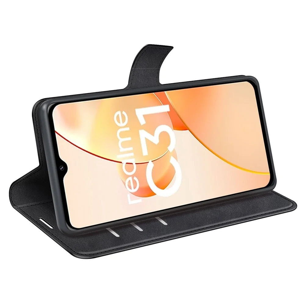 Textured PU Leather Stand Phone Case for Realme C31 4G, Square Magnetic Clasp Wallet Shell - Black - 3