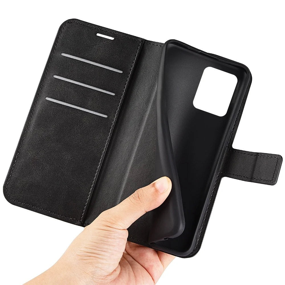 Textured PU Leather Stand Phone Case for Realme C31 4G, Square Magnetic Clasp Wallet Shell - Black - 5