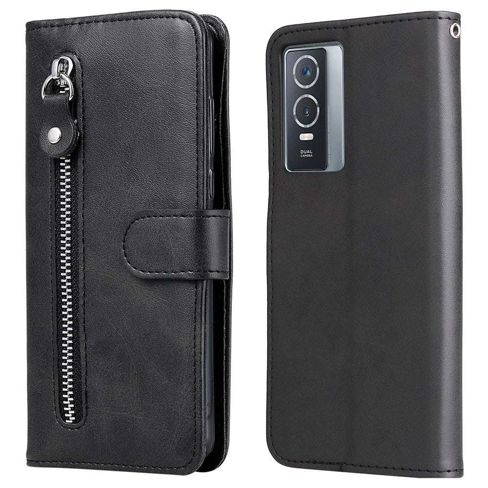 For vivo Y76 5G/Y76s Well-protected Anti-fall PU Leather Wallet Phone Cover Magnetic Closing Zipper Pocket Flip Case - Black - 1
