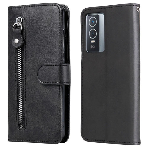 For vivo Y76 5G/Y76s Well-protected Anti-fall PU Leather Wallet Phone Cover Magnetic Closing Zipper Pocket Flip Case - Black - 1