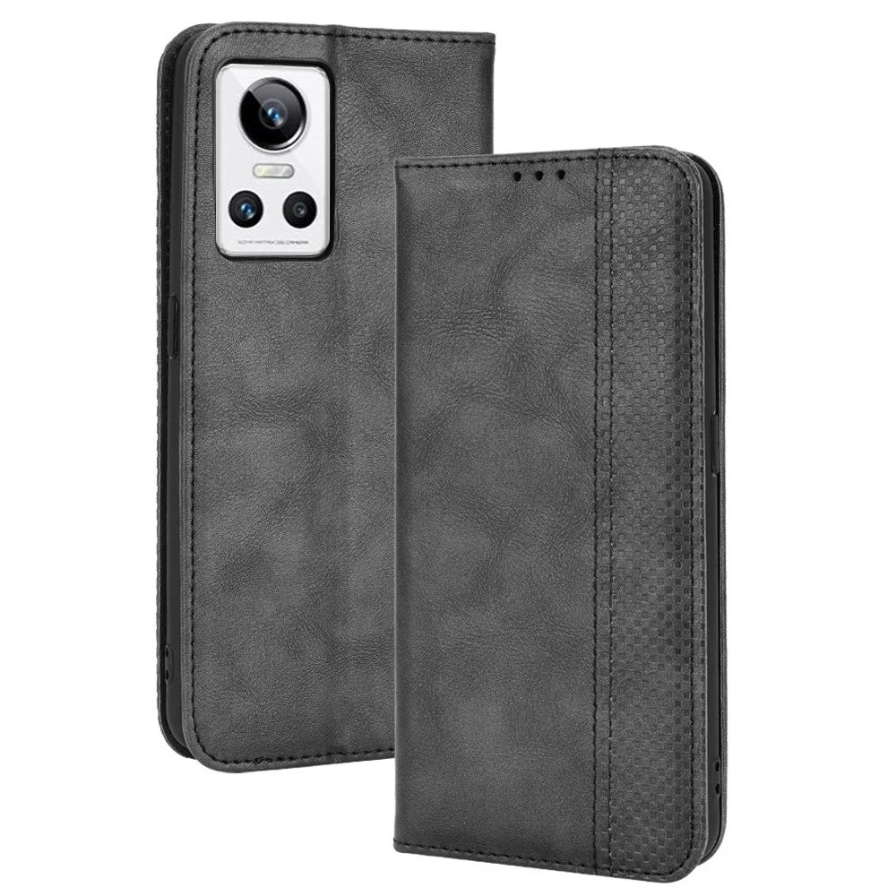 For Realme GT Neo3 Magnetic Auto-absorbed Retro Texture PU Leather Case Mosaic Imprinted Wallet Stand Shell - Black - 1