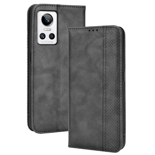 For Realme GT Neo3 Magnetic Auto-absorbed Retro Texture PU Leather Case Mosaic Imprinted Wallet Stand Shell - Black - 1