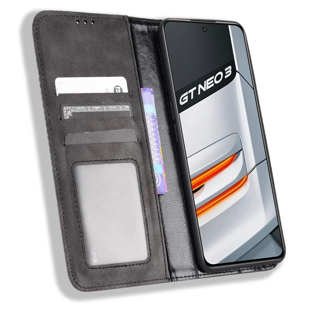 For Realme GT Neo3 Magnetic Auto-absorbed Retro Texture PU Leather Case Mosaic Imprinted Wallet Stand Shell - Black - 2