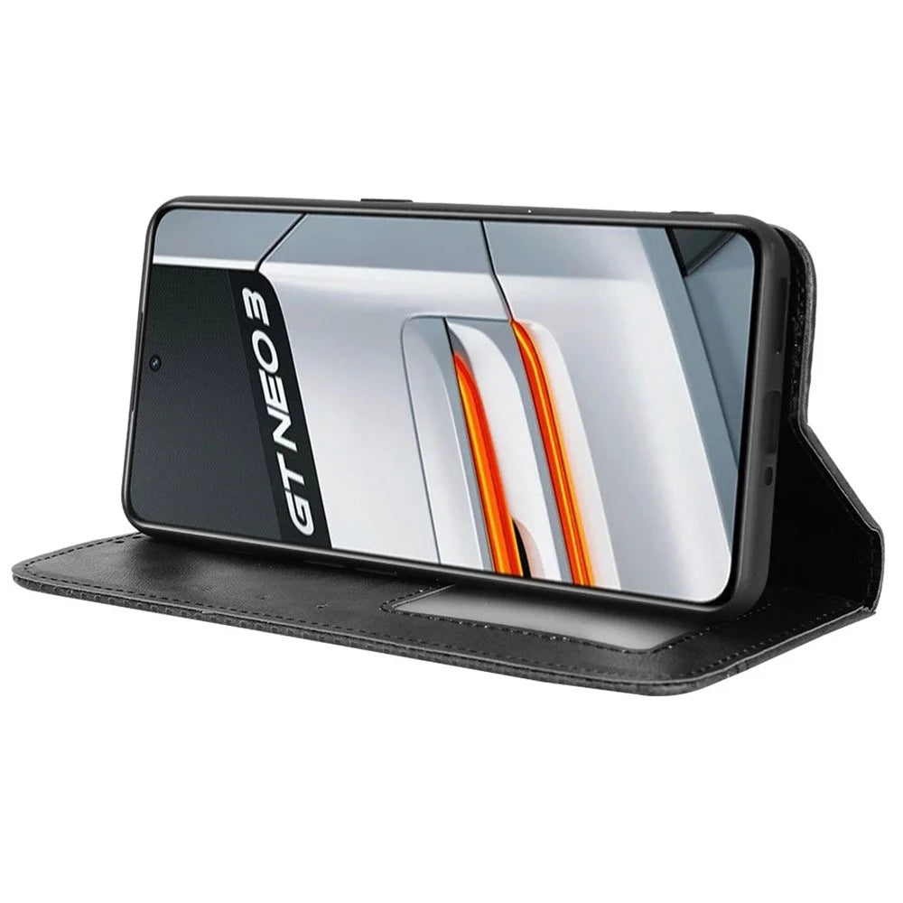 For Realme GT Neo3 Magnetic Auto-absorbed Retro Texture PU Leather Case Mosaic Imprinted Wallet Stand Shell - Black - 3