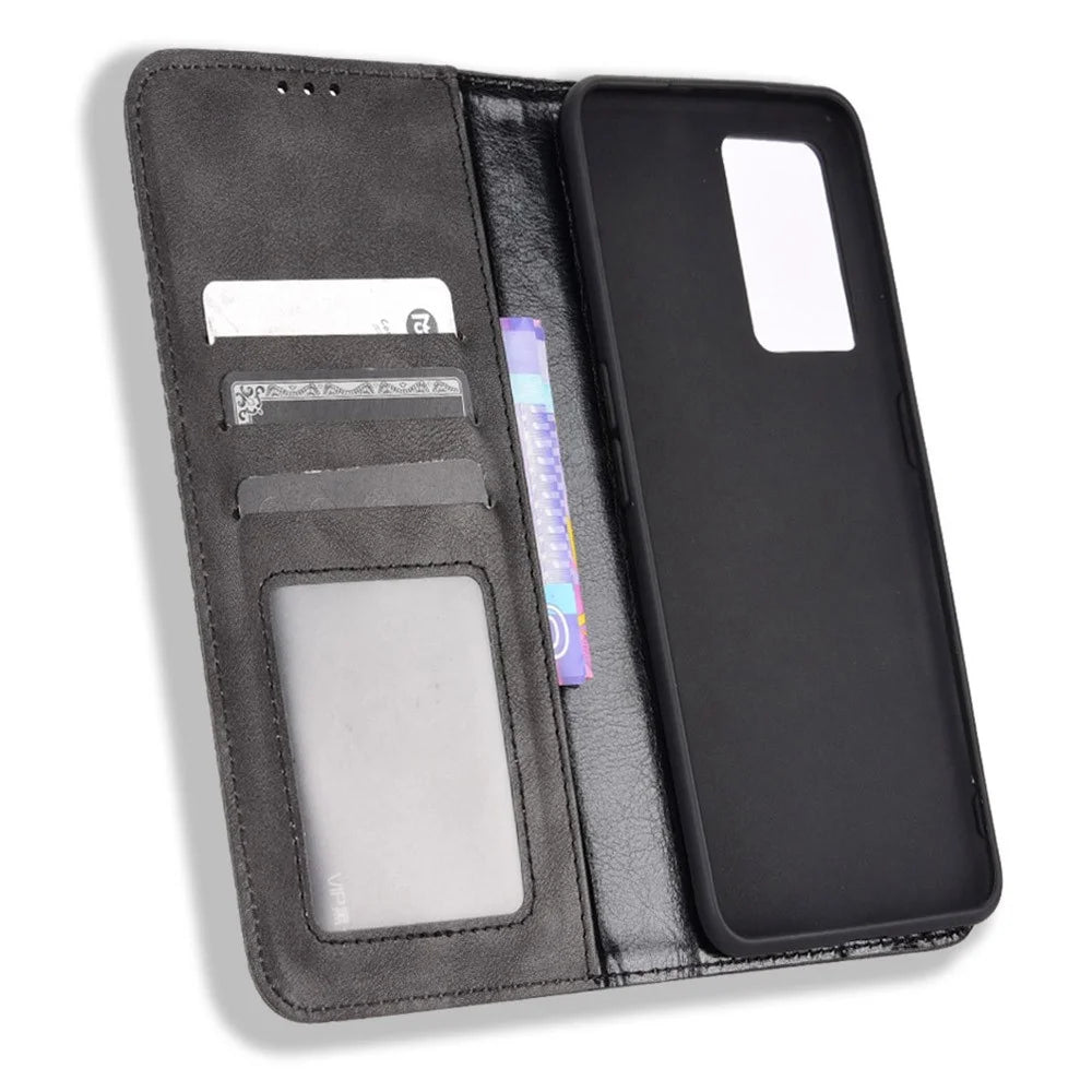 For Realme GT Neo3 Magnetic Auto-absorbed Retro Texture PU Leather Case Mosaic Imprinted Wallet Stand Shell - Black - 4