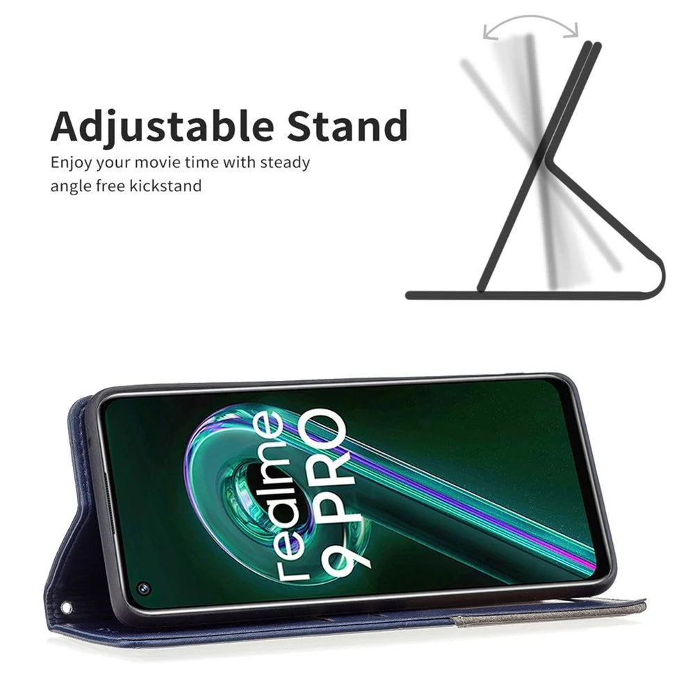 For Realme 9 Pro 5G / 9 5G / V25 Leather Case with Card Holder Imprinting Pattern Phone Stand Cover - Blue - 2