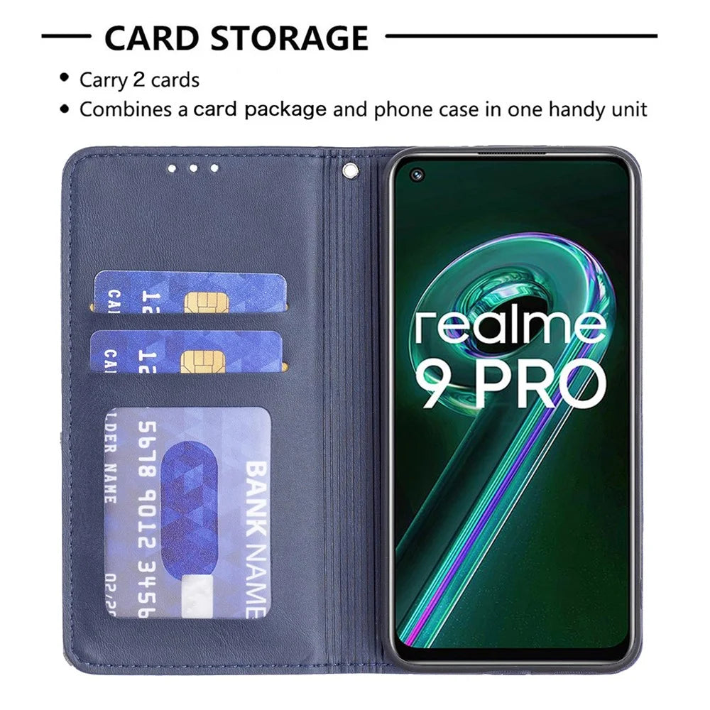 For Realme 9 Pro 5G / 9 5G / V25 Leather Case with Card Holder Imprinting Pattern Phone Stand Cover - Blue - 4