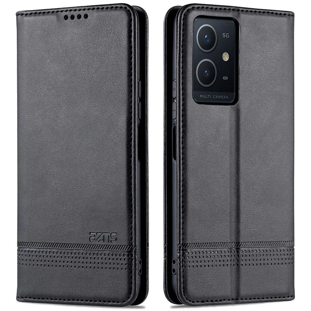 AZNS For vivo Y33s 5G/Y75 5G Magnetic Auto-absorbed PU Leather Wallet Foldable Stand Case Phone Cover - Black - 1