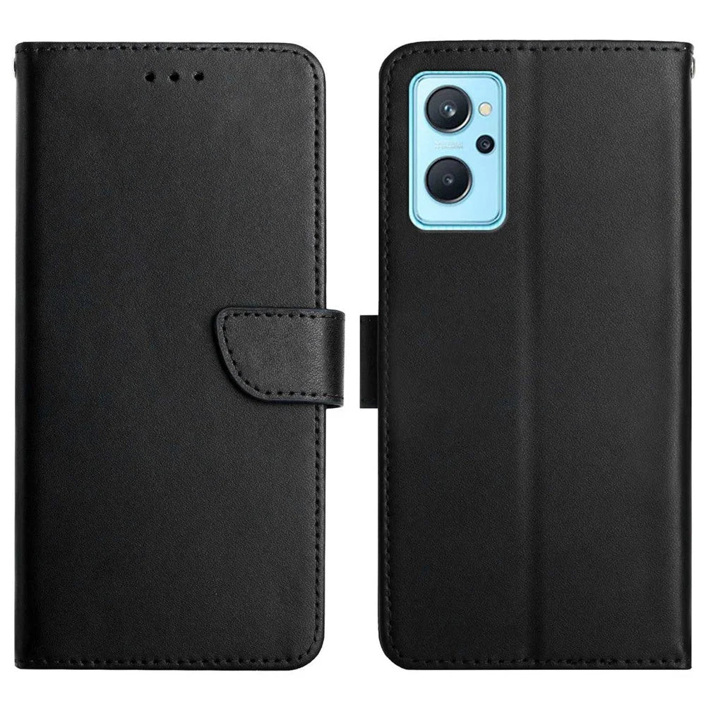 For Realme 9i / Oppo A36 4G / A76 4G / A96 4G / K10 4G Nappa Texture Wallet Folio Flip Case Genuine Leather Anti-scratch Phone Protector with Stand - Black - 1
