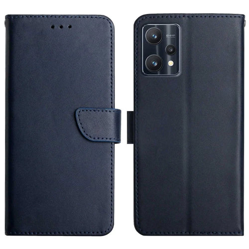For Realme 9 Pro+ 5G/9 4G Anti-fall Shockproof Nappa Texture Wallet Case Genuine Leather Mobile Phone Protector with Stand - Blue - 1