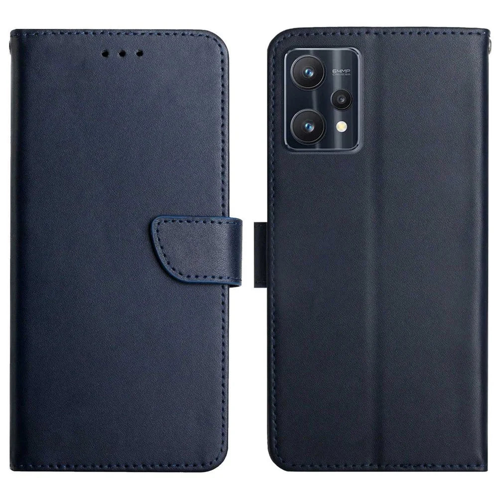 For Realme 9 Pro+ 5G/9 4G Anti-fall Shockproof Nappa Texture Wallet Case Genuine Leather Mobile Phone Protector with Stand - Blue - 1