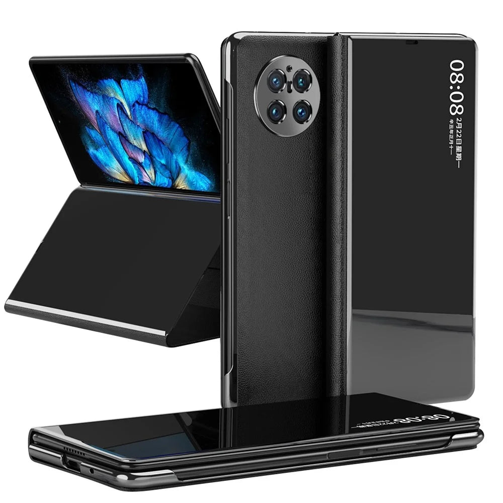 For vivo X Fold PU Leather Coated PC Mirror Surface View Window Shell Stand Function Shockproof Protective Phone Cover - Black - 1