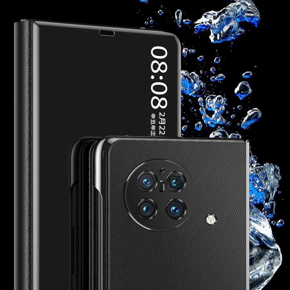 For vivo X Fold PU Leather Coated PC Mirror Surface View Window Shell Stand Function Shockproof Protective Phone Cover - Black - 4