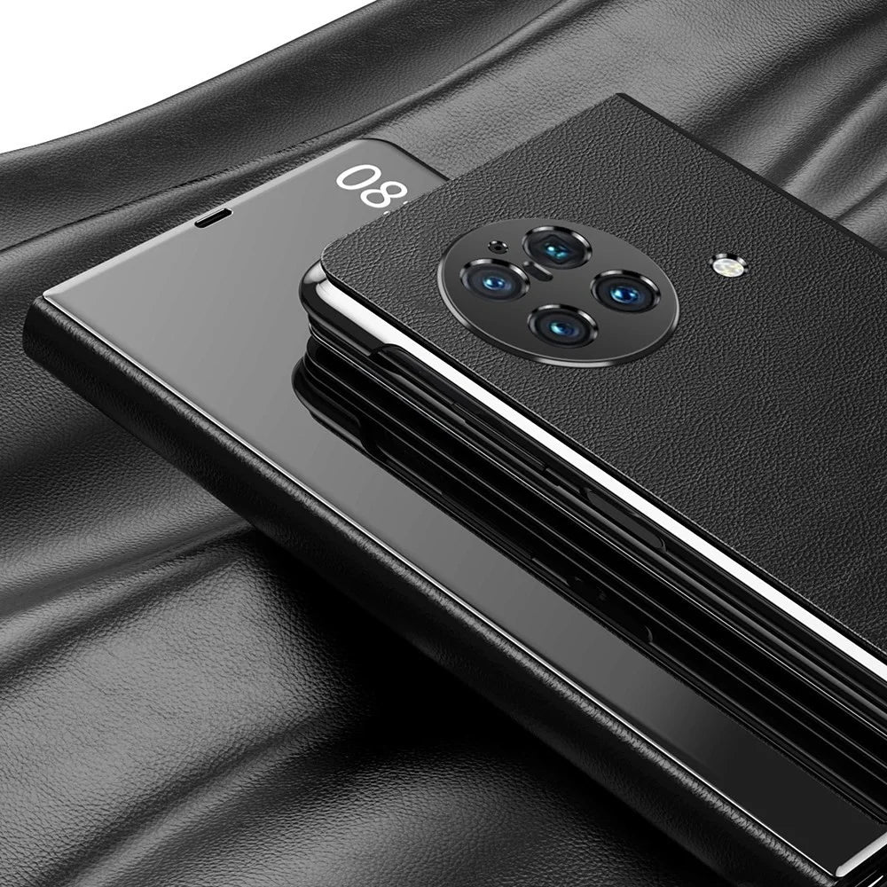 For vivo X Fold PU Leather Coated PC Mirror Surface View Window Shell Stand Function Shockproof Protective Phone Cover - Black - 5