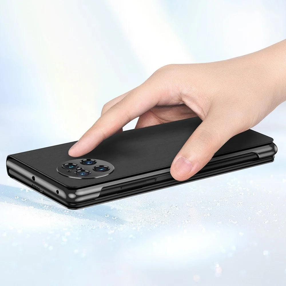 For vivo X Fold PU Leather Coated PC Mirror Surface View Window Shell Stand Function Shockproof Protective Phone Cover - Black - 6