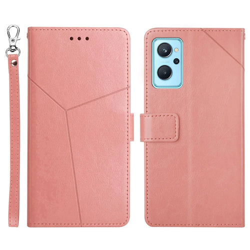 HT01 For Realme 9i/Oppo A36 4G/A76 4G/A96 4G/K10 4G Y-Shaped Lines Imprinted Phone Case PU Leather Wallet Stand Protective Cover - Pink - 1