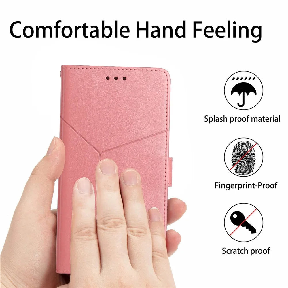 HT01 For Realme 9i/Oppo A36 4G/A76 4G/A96 4G/K10 4G Y-Shaped Lines Imprinted Phone Case PU Leather Wallet Stand Protective Cover - Pink - 5