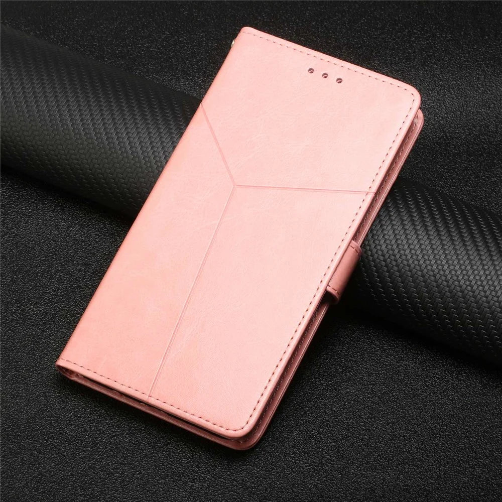 HT01 For Realme 9i/Oppo A36 4G/A76 4G/A96 4G/K10 4G Y-Shaped Lines Imprinted Phone Case PU Leather Wallet Stand Protective Cover - Pink - 7