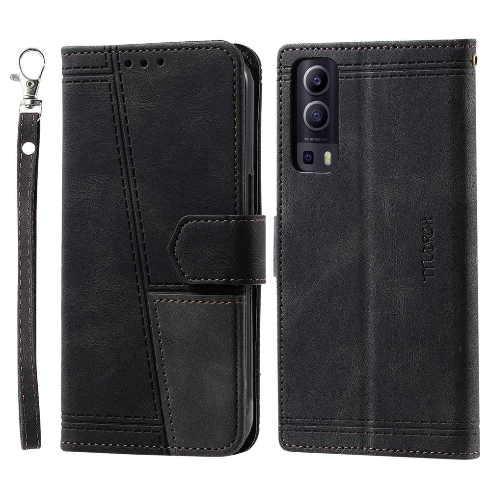 TTUDRCH 004 Skin-touch Leather Splicing Phone Cover for vivo Y72 5G, RFID Blocking Stand Flip Wallet Case with Strap - Black - 1