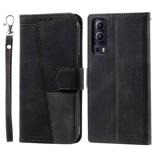 TTUDRCH 004 Skin-touch Leather Splicing Phone Cover for vivo Y72 5G, RFID Blocking Stand Flip Wallet Case with Strap - Black - 1