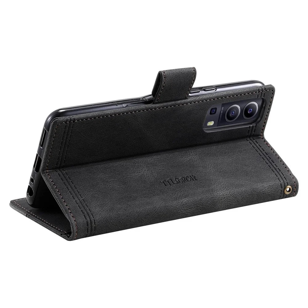 TTUDRCH 004 Skin-touch Leather Splicing Phone Cover for vivo Y72 5G, RFID Blocking Stand Flip Wallet Case with Strap - Black - 4