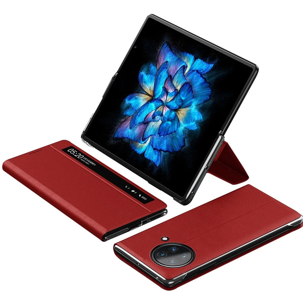 View Window PU Leather Case for vivo X Fold, Stand Folding Phone Cover with Touch Slide Button - Red - 1