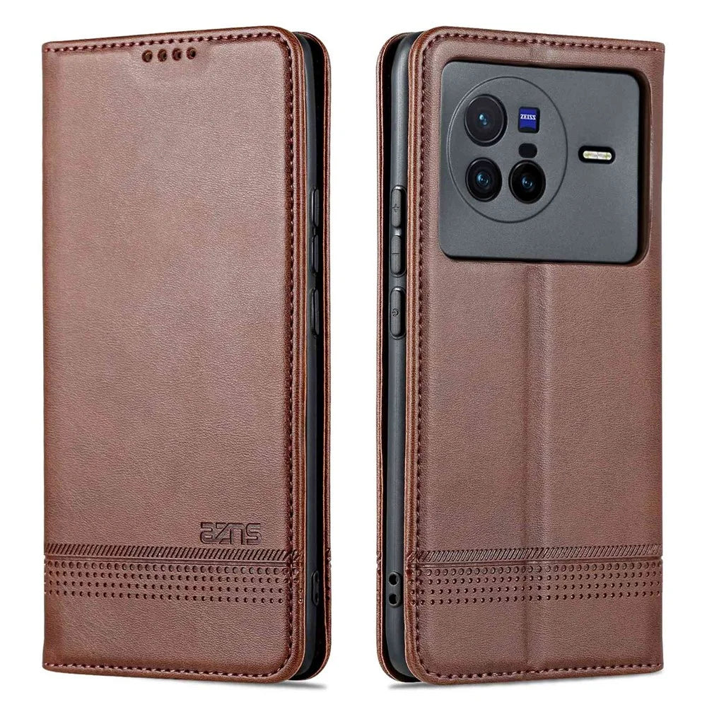 AZNS For vivo X80 PU Leather Magnetic Auto Closure Phone Case Full Protection Wallet Stand Flip Cover - Coffee - 1