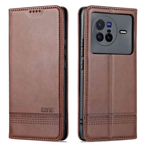 AZNS For vivo X80 PU Leather Magnetic Auto Closure Phone Case Full Protection Wallet Stand Flip Cover - Coffee - 1
