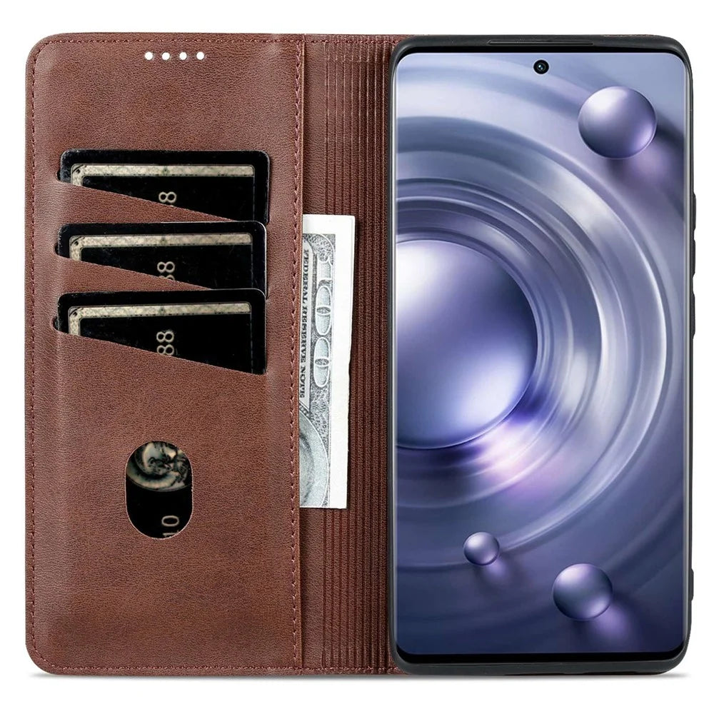 AZNS For vivo X80 PU Leather Magnetic Auto Closure Phone Case Full Protection Wallet Stand Flip Cover - Coffee - 2