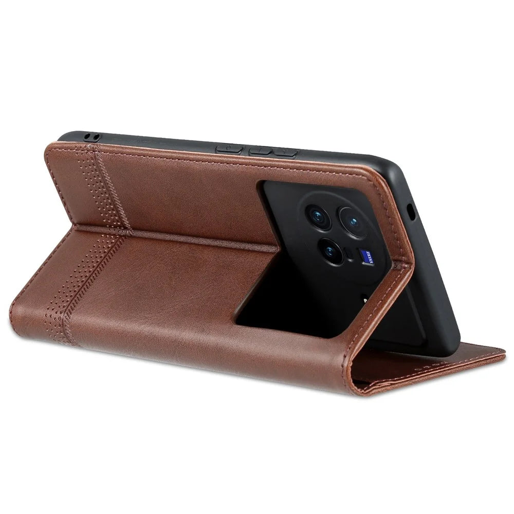 AZNS For vivo X80 PU Leather Magnetic Auto Closure Phone Case Full Protection Wallet Stand Flip Cover - Coffee - 4