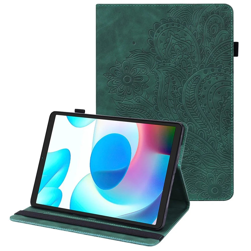 Imprinting Flower Leather Case for Realme Pad Mini, Full Protection Auto Wake/Sleep Tablet Cover with Card Holder Stand - Green - 1