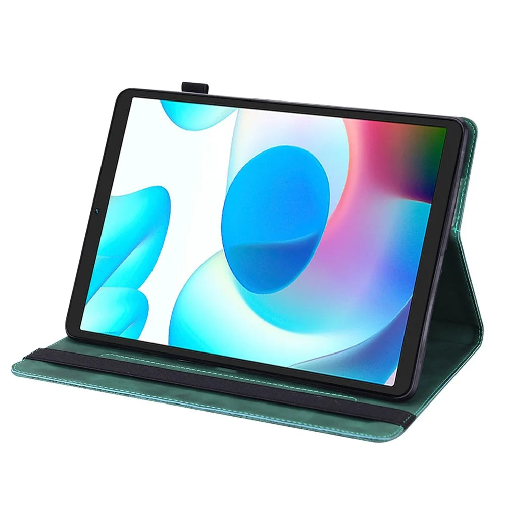 Imprinting Flower Leather Case for Realme Pad Mini, Full Protection Auto Wake/Sleep Tablet Cover with Card Holder Stand - Green - 2