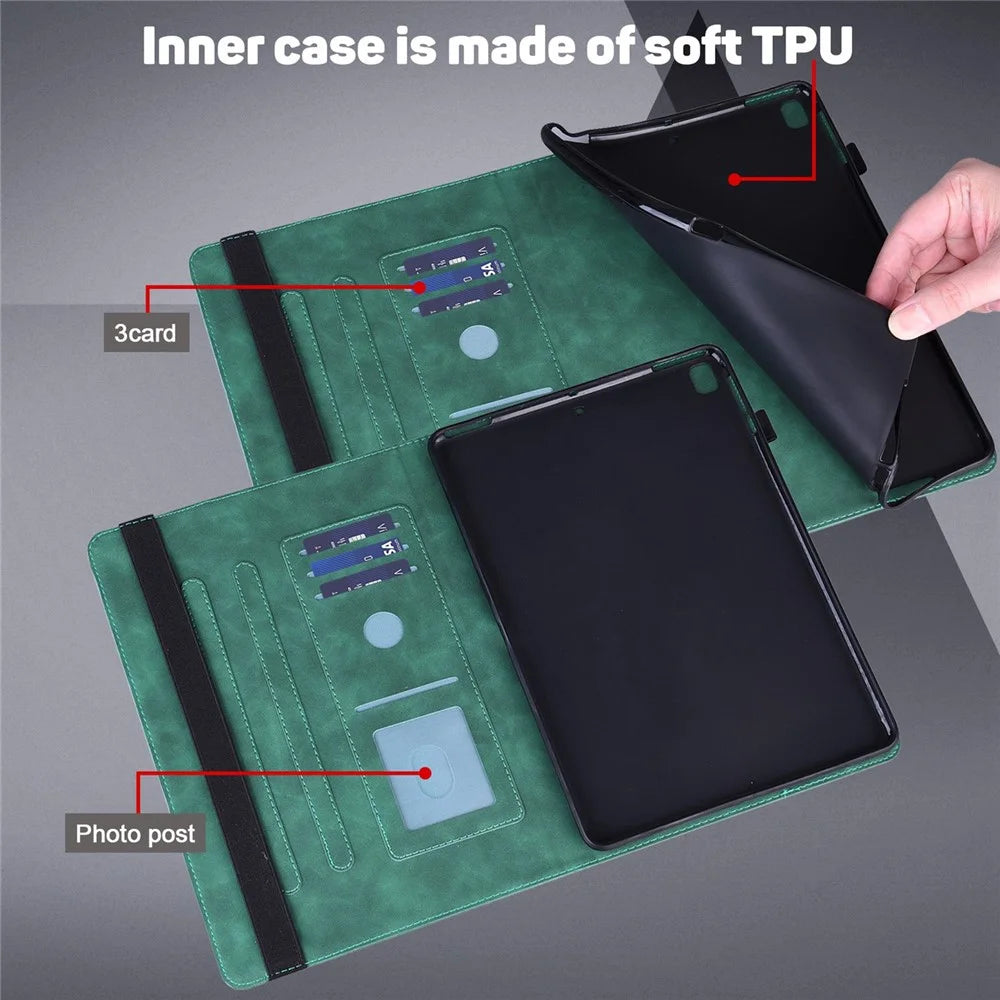 Imprinting Flower Leather Case for Realme Pad Mini, Full Protection Auto Wake/Sleep Tablet Cover with Card Holder Stand - Green - 3