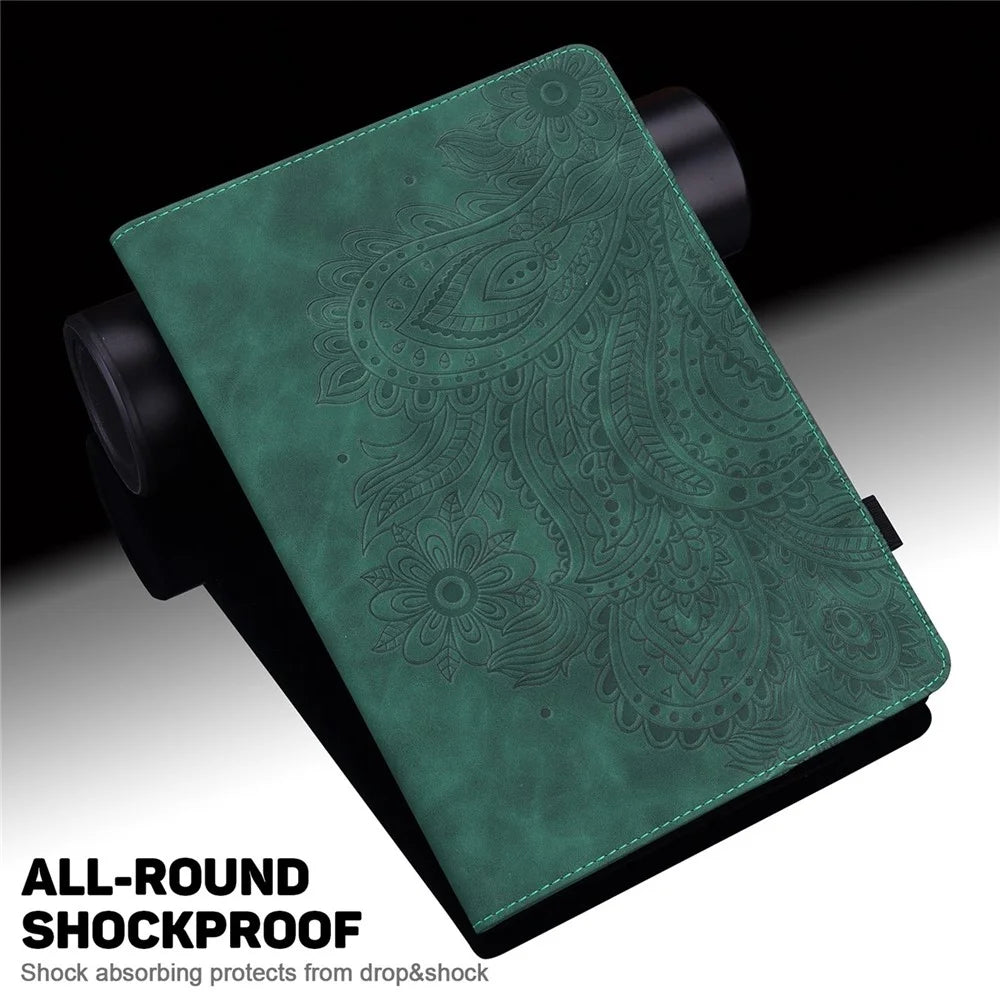 Imprinting Flower Leather Case for Realme Pad Mini, Full Protection Auto Wake/Sleep Tablet Cover with Card Holder Stand - Green - 6
