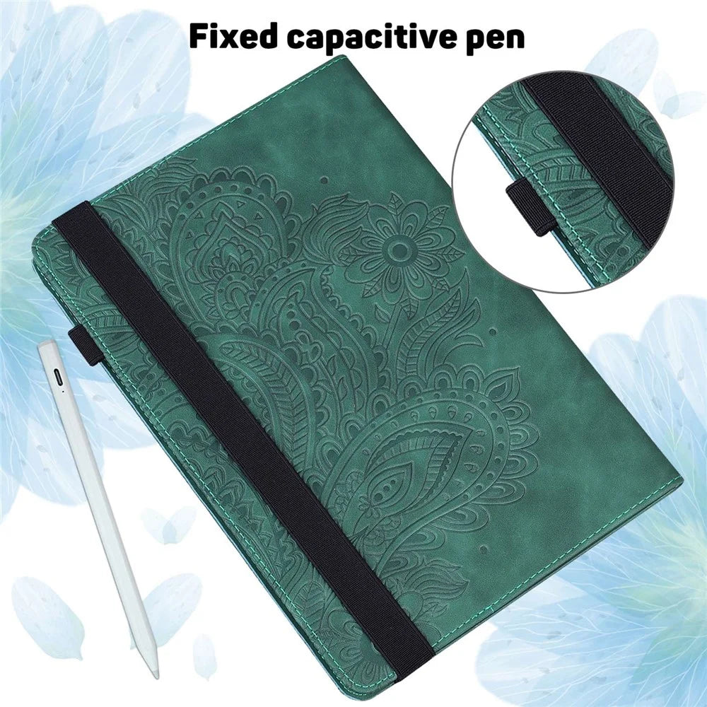 Imprinting Flower Leather Case for Realme Pad Mini, Full Protection Auto Wake/Sleep Tablet Cover with Card Holder Stand - Green - 7