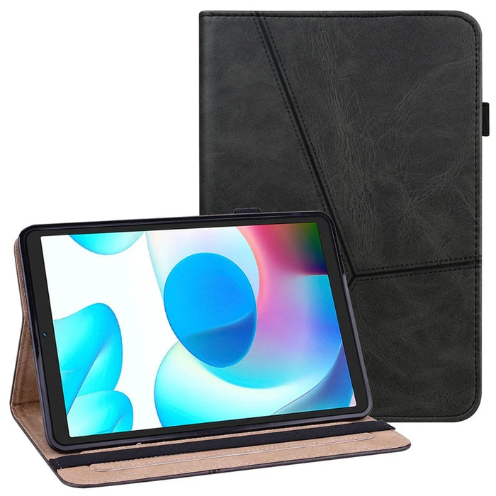 Card Holder Stand Tablet Case for Realme Pad Mini, Line Imprinted Shockproof PU Leather Elastic Band Protective Cover - Black - 1