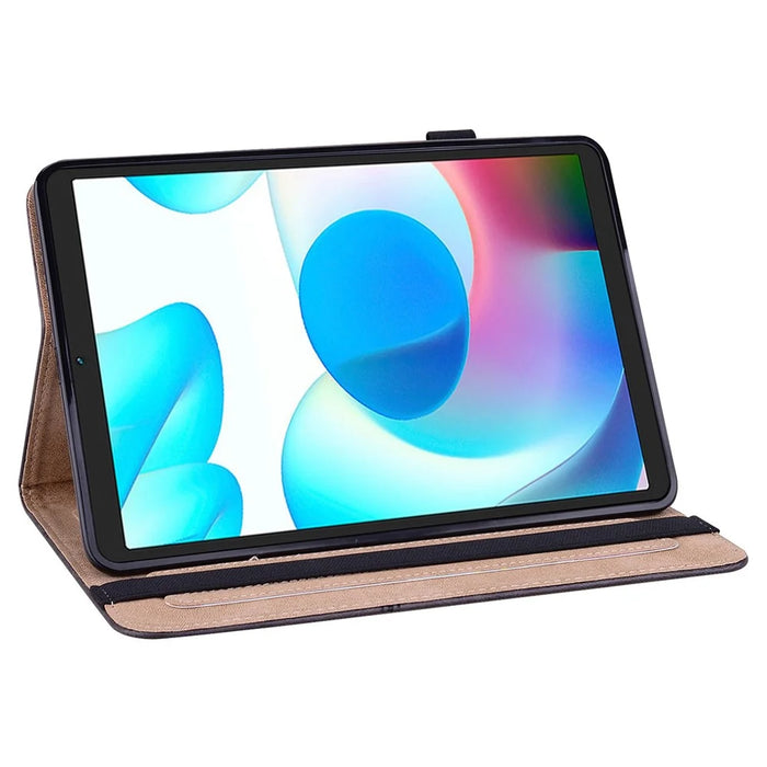 Card Holder Stand Tablet Case for Realme Pad Mini, Line Imprinted Shockproof PU Leather Elastic Band Protective Cover - Black - 2