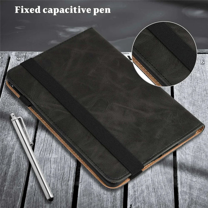 Card Holder Stand Tablet Case for Realme Pad Mini, Line Imprinted Shockproof PU Leather Elastic Band Protective Cover - Black - 7