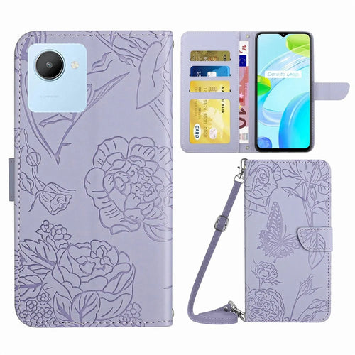 For Realme C30 4G / Narzo 50i Prime 4G Magnetic Closing Case Butterfly Flowers Imprinting Wallet Stand Design Skin-touch Feeling Phone Cover with Shoulder Strap - Light Purple - 1