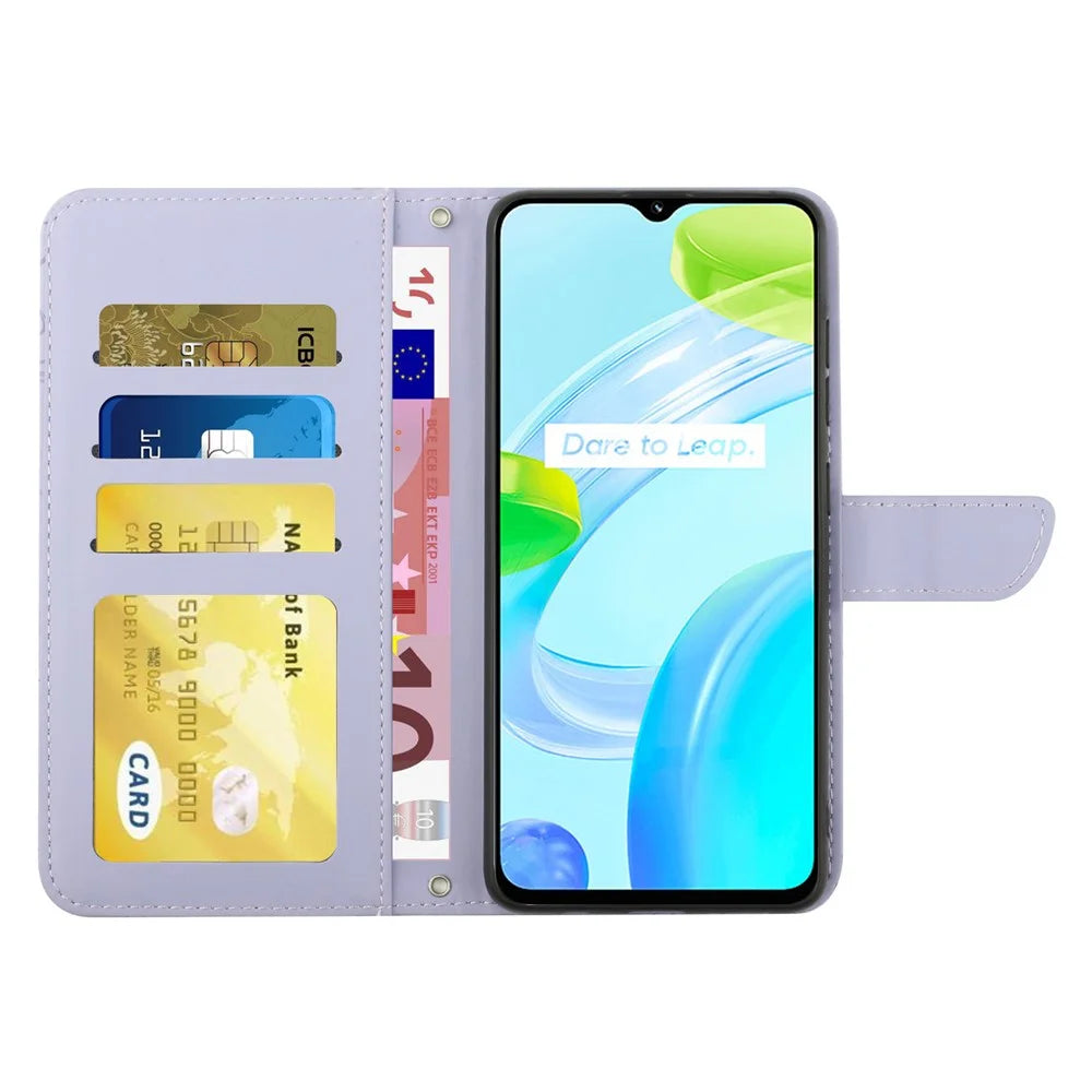 For Realme C30 4G / Narzo 50i Prime 4G Magnetic Closing Case Butterfly Flowers Imprinting Wallet Stand Design Skin-touch Feeling Phone Cover with Shoulder Strap - Light Purple - 2