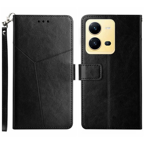 For vivo X80 Lite 5G / V25 5G HT01 PU Leather Book Wallet Case Imprinted Y-Shaped Lines Magnetic Folio Flip Stand Cover with Strap - Black - 1