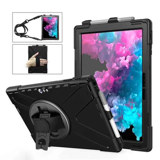 For Microsoft Surface Pro 7+ / 7 / 6 / 5 / 4 [X-Shape] PC + TPU Combo Case / 360 Degree Swivel Kickstand / Hand Strap and Shoulder Strap - Black - 1