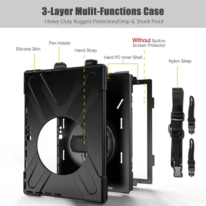 For Microsoft Surface Pro 7+ / 7 / 6 / 5 / 4 [X-Shape] PC + TPU Combo Case / 360 Degree Swivel Kickstand / Hand Strap and Shoulder Strap - Black - 5