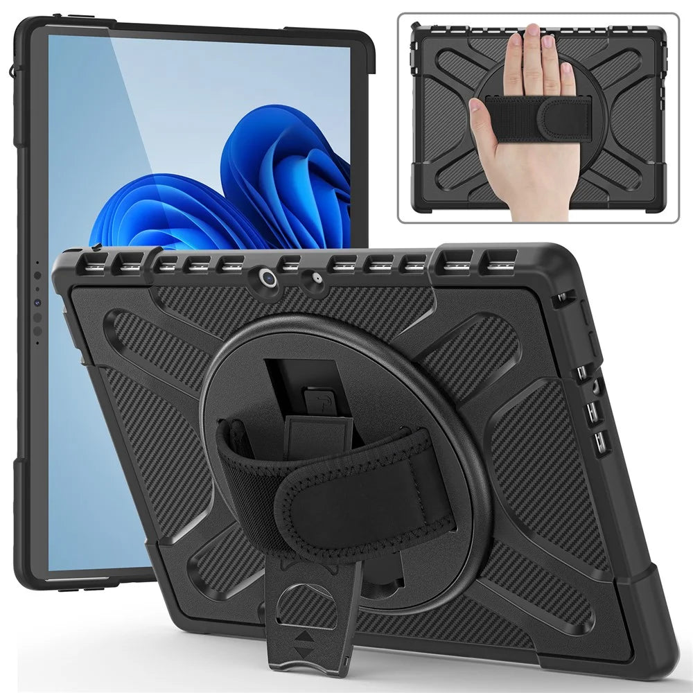 For Microsoft Surface Pro 8 Shockproof 360-degree Swiveling Kickstand PC + TPU Hybrid Tablet Case Cover with Hand Band - Black - 1
