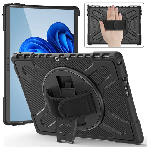 For Microsoft Surface Pro 8 Shockproof 360-degree Swiveling Kickstand PC + TPU Hybrid Tablet Case Cover with Hand Band - Black - 1