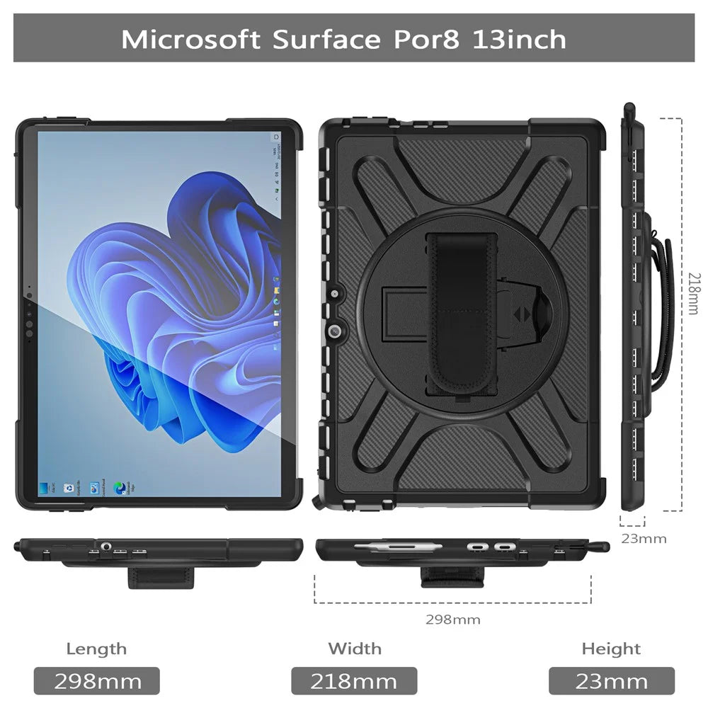 For Microsoft Surface Pro 8 Shockproof 360-degree Swiveling Kickstand PC + TPU Hybrid Tablet Case Cover with Hand Band - Black - 3