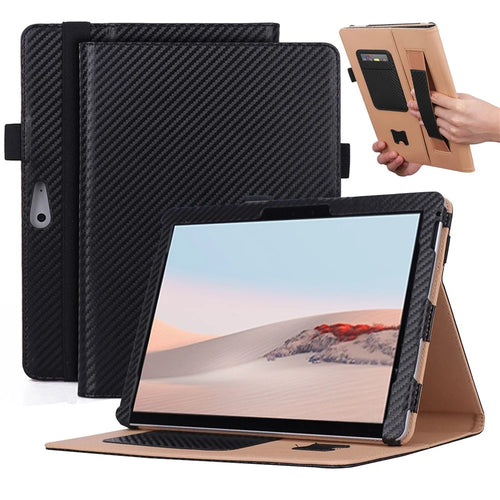 For Microsoft Surface Go 2/3 Carbon Fiber Texture PU Leather Folding Stand Case Card Slots Design Tablet Shell Cover with Hand Band and Pencil Holder - Black - 1