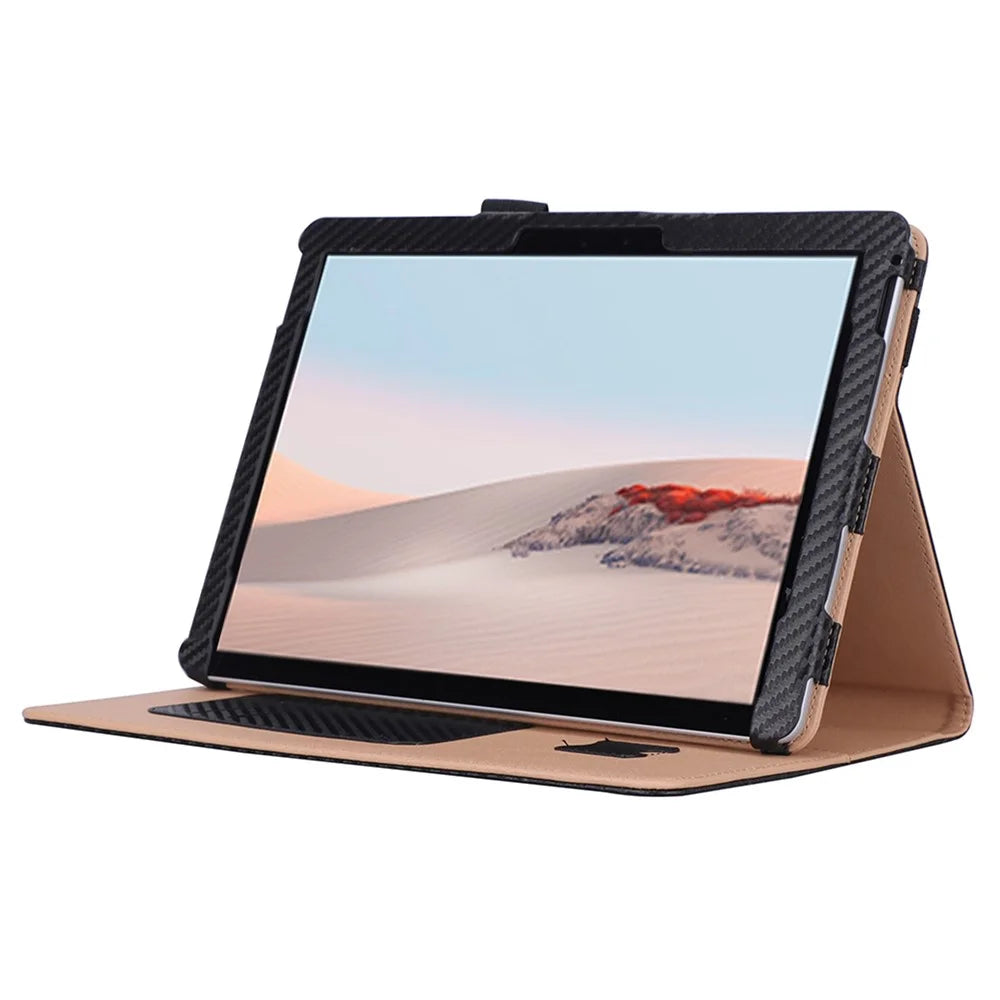 For Microsoft Surface Go 2/3 Carbon Fiber Texture PU Leather Folding Stand Case Card Slots Design Tablet Shell Cover with Hand Band and Pencil Holder - Black - 2